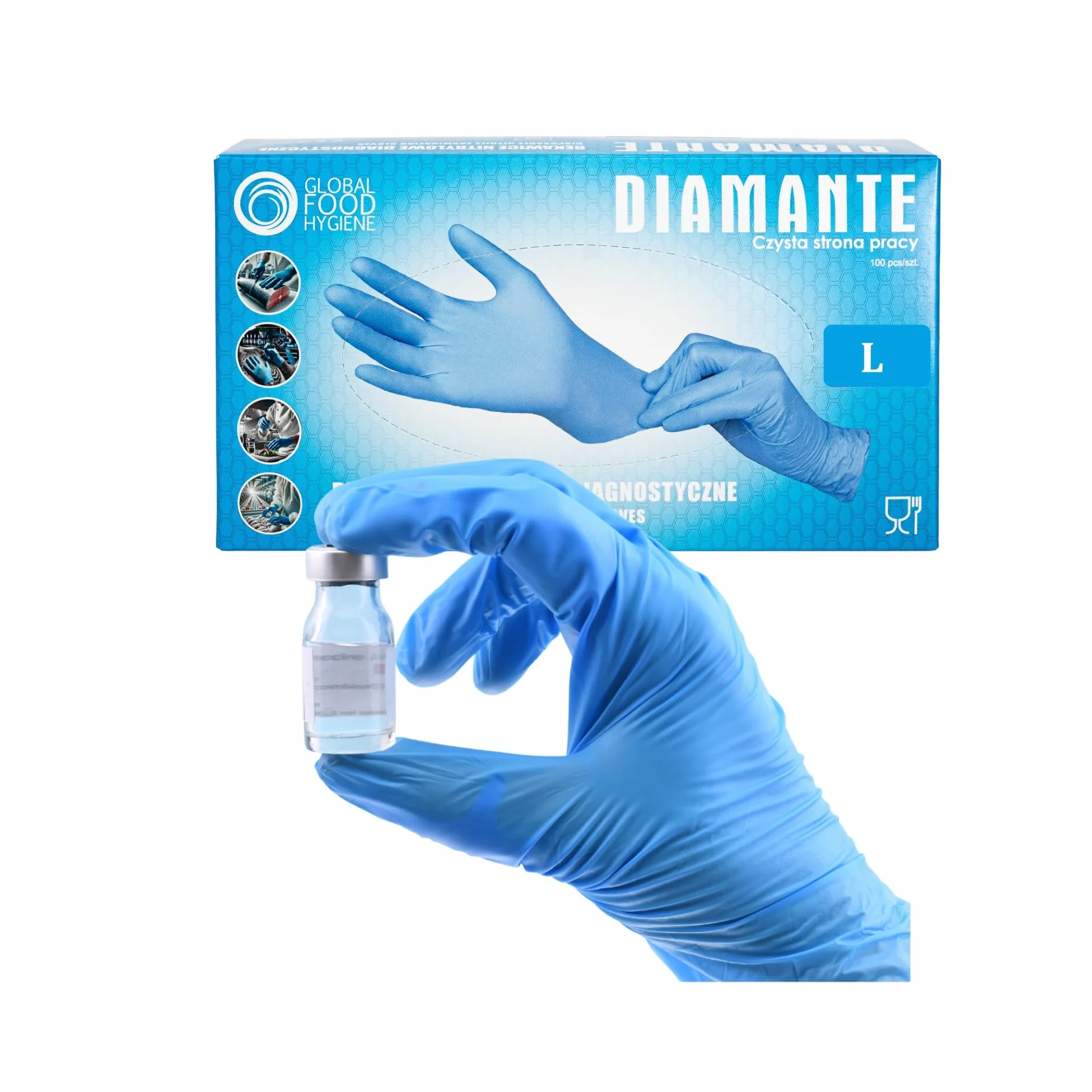 Diamante Rękawice Nitrylowe 100 szt, Jednorazowe, Bezpudrowe, AQL 1.5, do Tatuażu, Kosmetyczne, Fryzjerskie, Medyczne, Kontakt z Żywnością, Kat. III (100, Niebieski, L)
