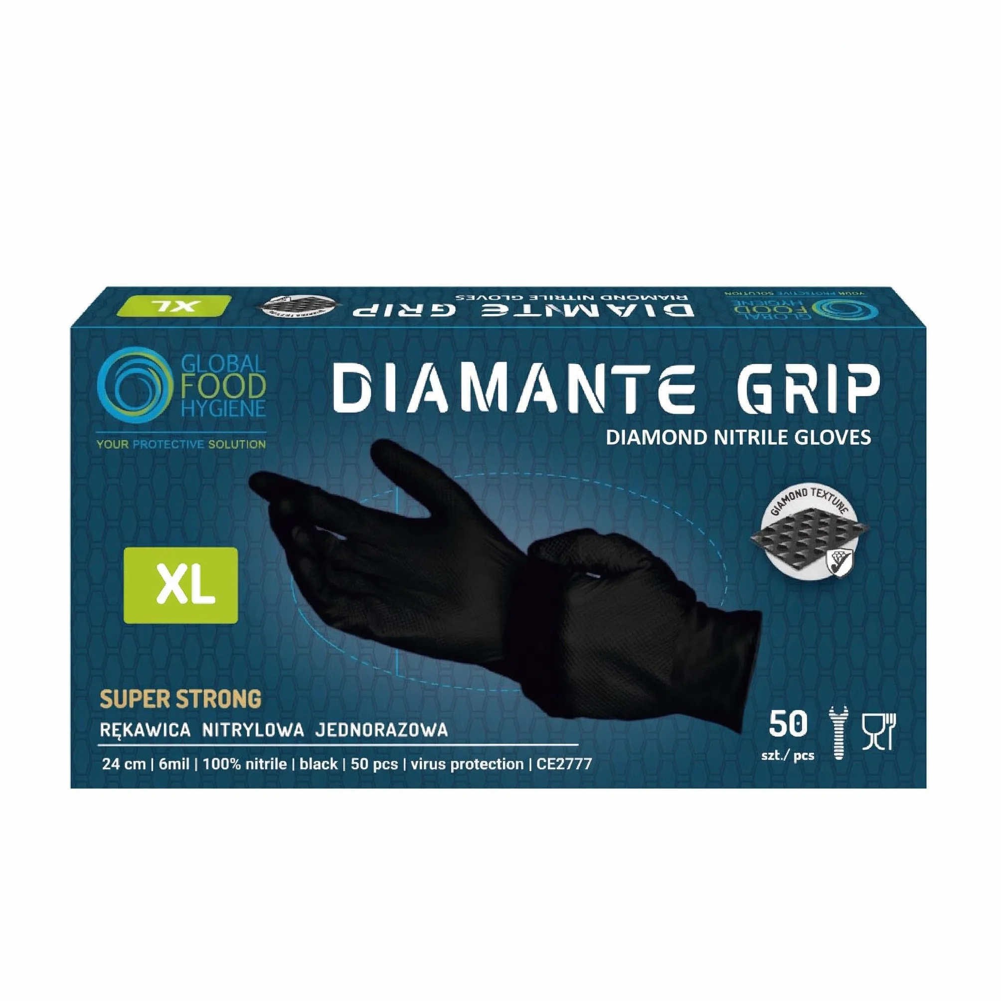 Diamante Grip Black - Rękawice Nitrylowe Czarne MOCNE 6mil 50 szt - Mechanik Warsztat Spożywcze Gastronomia Rolnictwo Detailing Jednorazowe (50, czarny, XL)