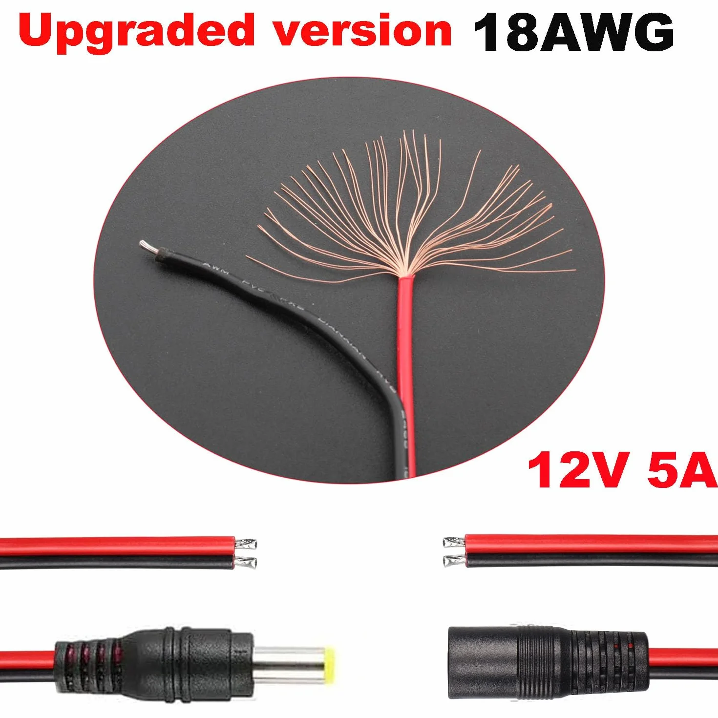 RUNCCI-YUN 10 Szt. 18 AWG 12 V 5 A 5,5 x 2,1 mm Męski Kabel Żeński Power Pigtail, Adapter Jack Plug, Złącze Niskonapięciowe Do Kamery Bezpieczeństwa CCTV