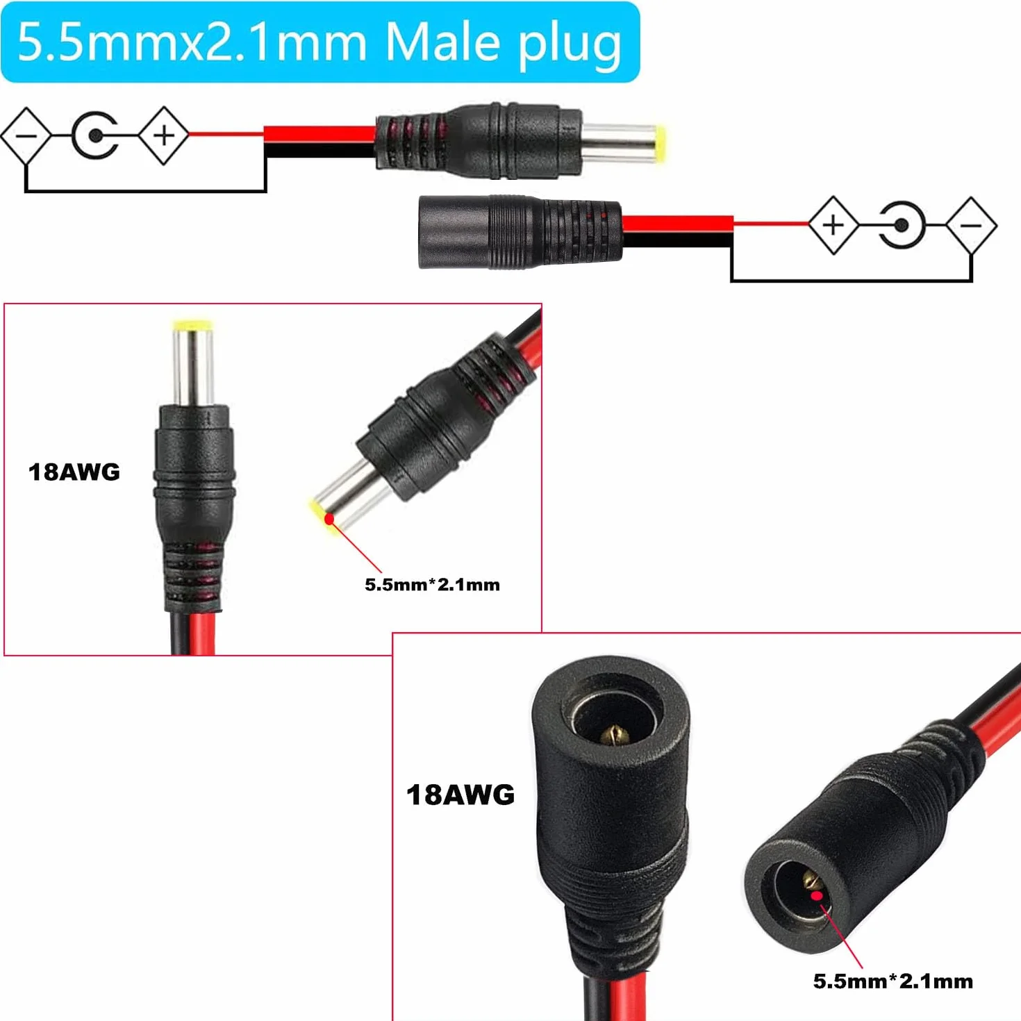 RUNCCI-YUN 10 Szt. 18 AWG 12 V 5 A 5,5 x 2,1 mm Męski Kabel Żeński Power Pigtail, Adapter Jack Plug, Złącze Niskonapięciowe Do Kamery Bezpieczeństwa CCTV