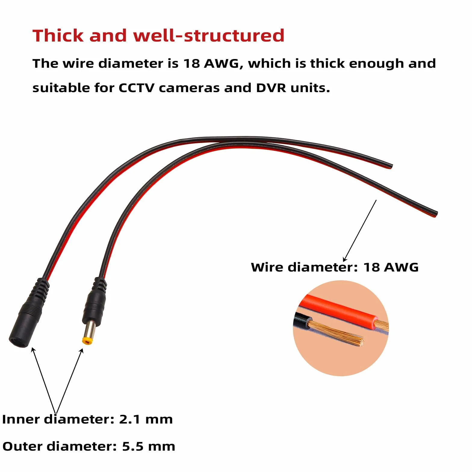 TNSLAND 6 par kabli DC, 18 AWG DC 12 V 5 A, 5,5 x 2,1 mm, męski żeński kabel DC Power Pigtail, wtyczka DC do kamery bezpieczeństwa CCTV, monitoringu