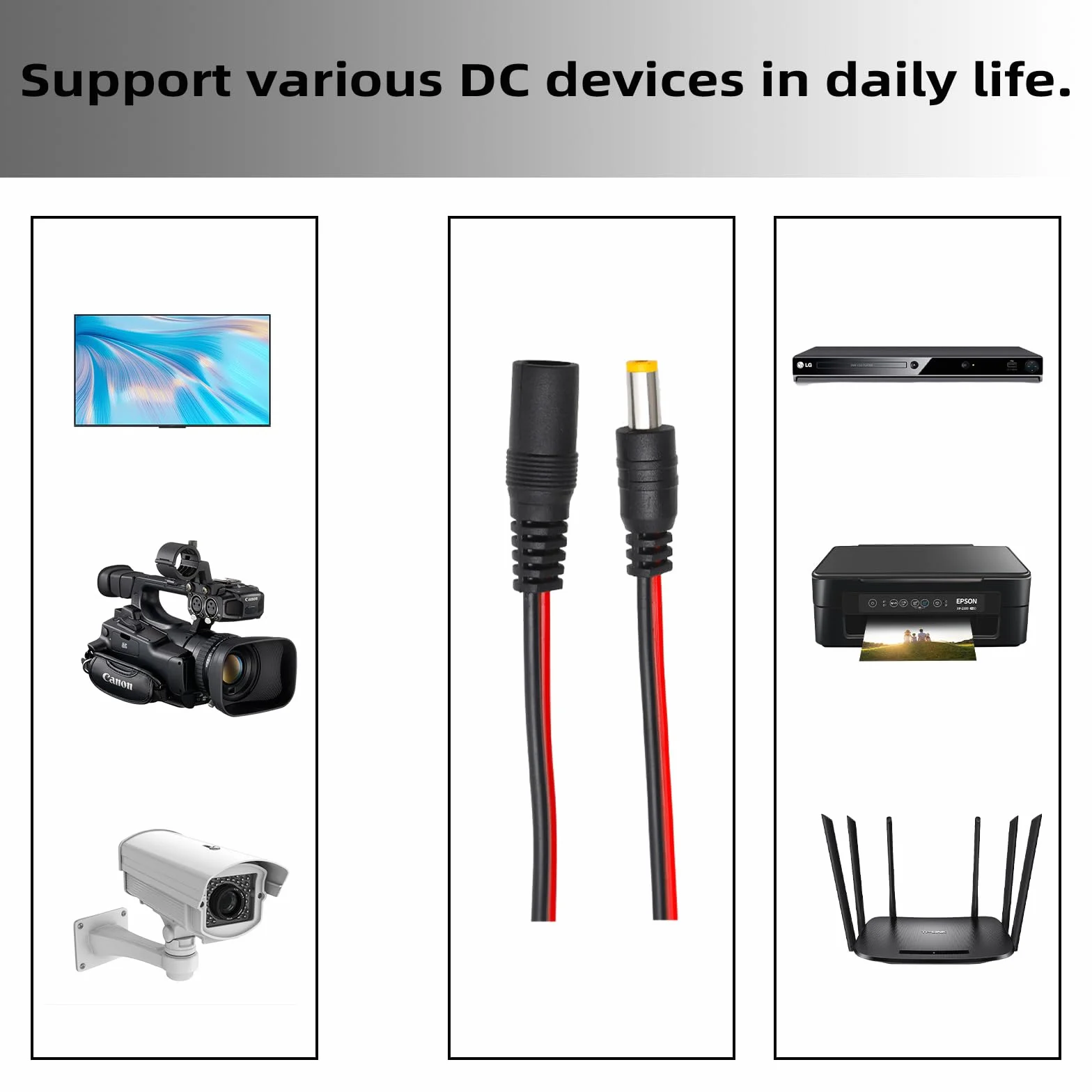 TNSLAND 6 par kabli DC, 18 AWG DC 12 V 5 A, 5,5 x 2,1 mm, męski żeński kabel DC Power Pigtail, wtyczka DC do kamery bezpieczeństwa CCTV, monitoringu