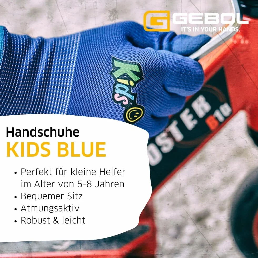 Gebol Kids 1 para rękawic ogrodowych dla dzieci w wieku 5-8 lat, oddychające rękawice robocze z powłoką nitrylową, wodoodporne i bezpieczne w dotyku, rozmiar XXS (5), niebieskie