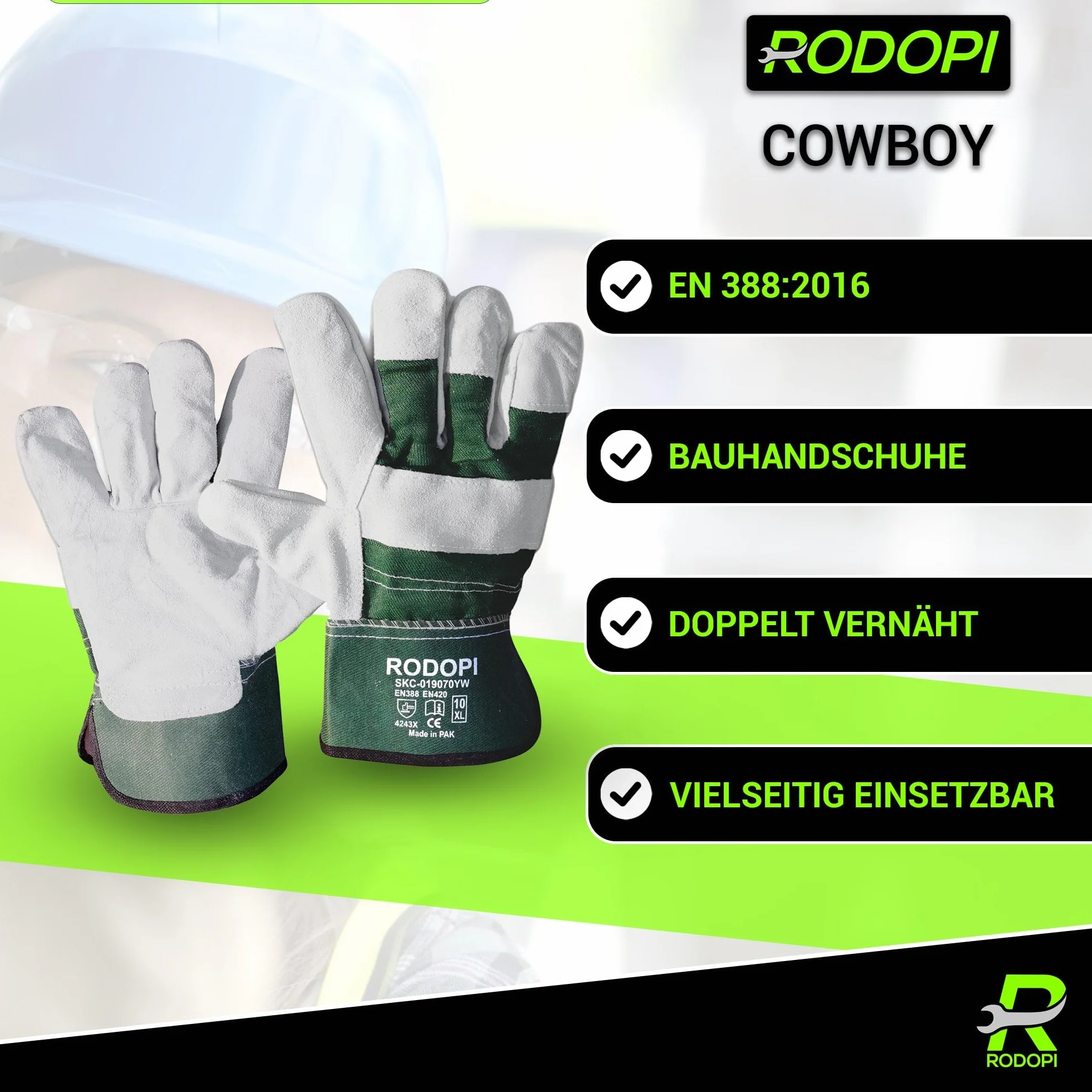 RODOPI Skórzane rękawice robocze Cowboy dla mężczyzn i kobiet, rękawice budowlane rozm. 9-10, skóra bydlęca, rękawice ogrodowe odporne na kolce EN 388:2016 (1 para, 9)