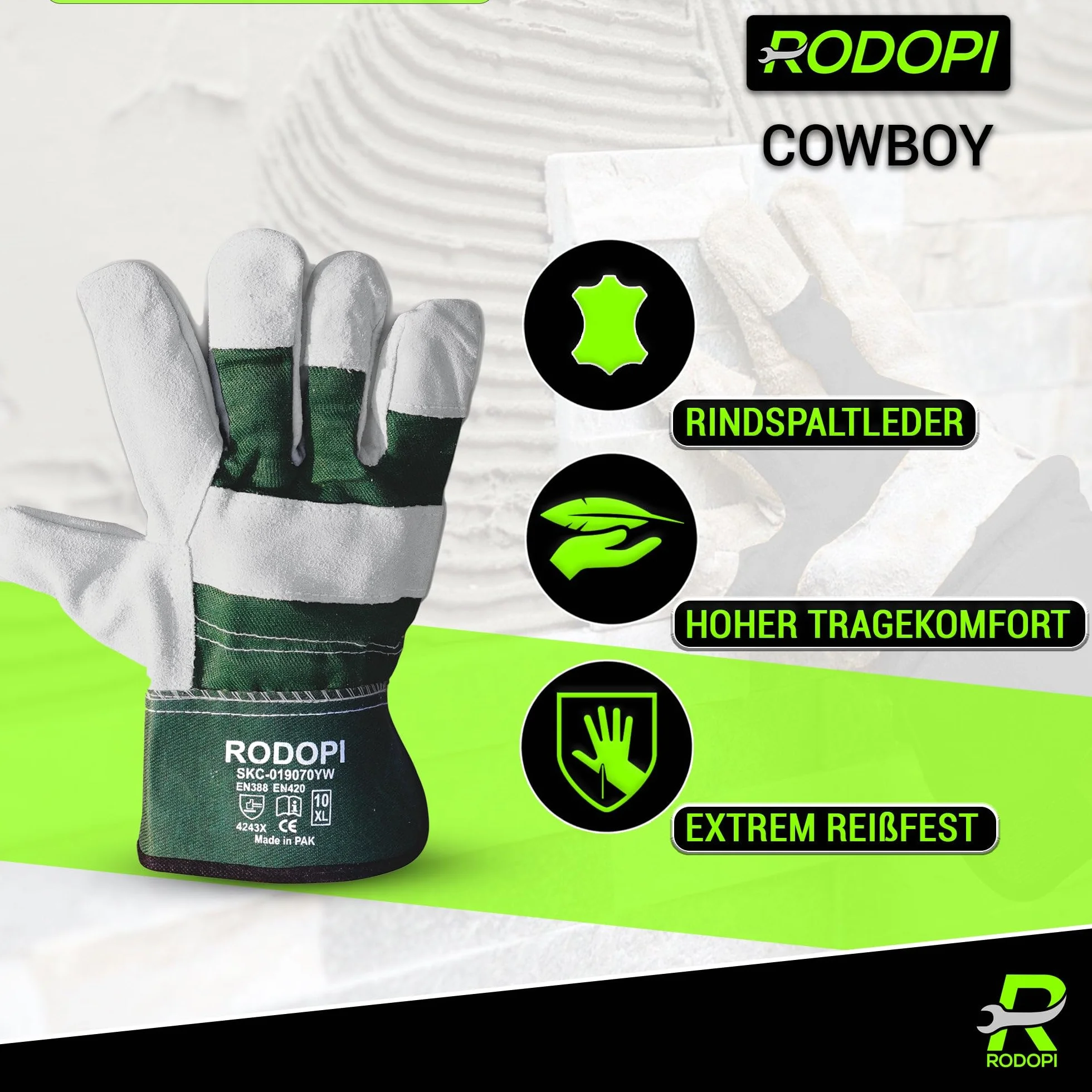 RODOPI Skórzane rękawice robocze Cowboy dla mężczyzn i kobiet, rękawice budowlane rozm. 9-10, skóra bydlęca, rękawice ogrodowe odporne na kolce EN 388:2016 (1 para, 9)