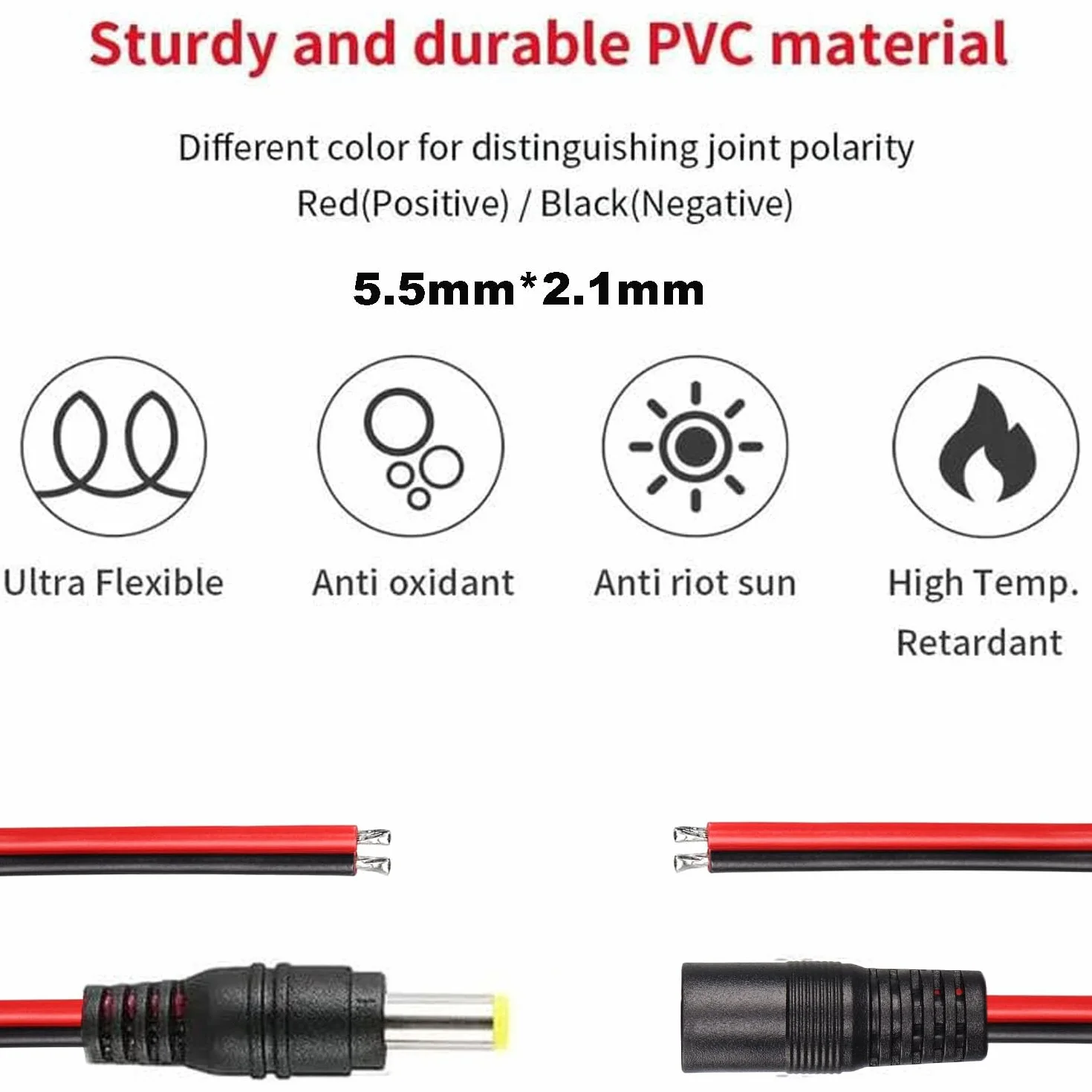 RUNCCI-YUN 10 Szt. 18 AWG 12 V 5 A 5,5 x 2,1 mm Męski Kabel Żeński Power Pigtail, Adapter Jack Plug, Złącze Niskonapięciowe Do Kamery Bezpieczeństwa CCTV