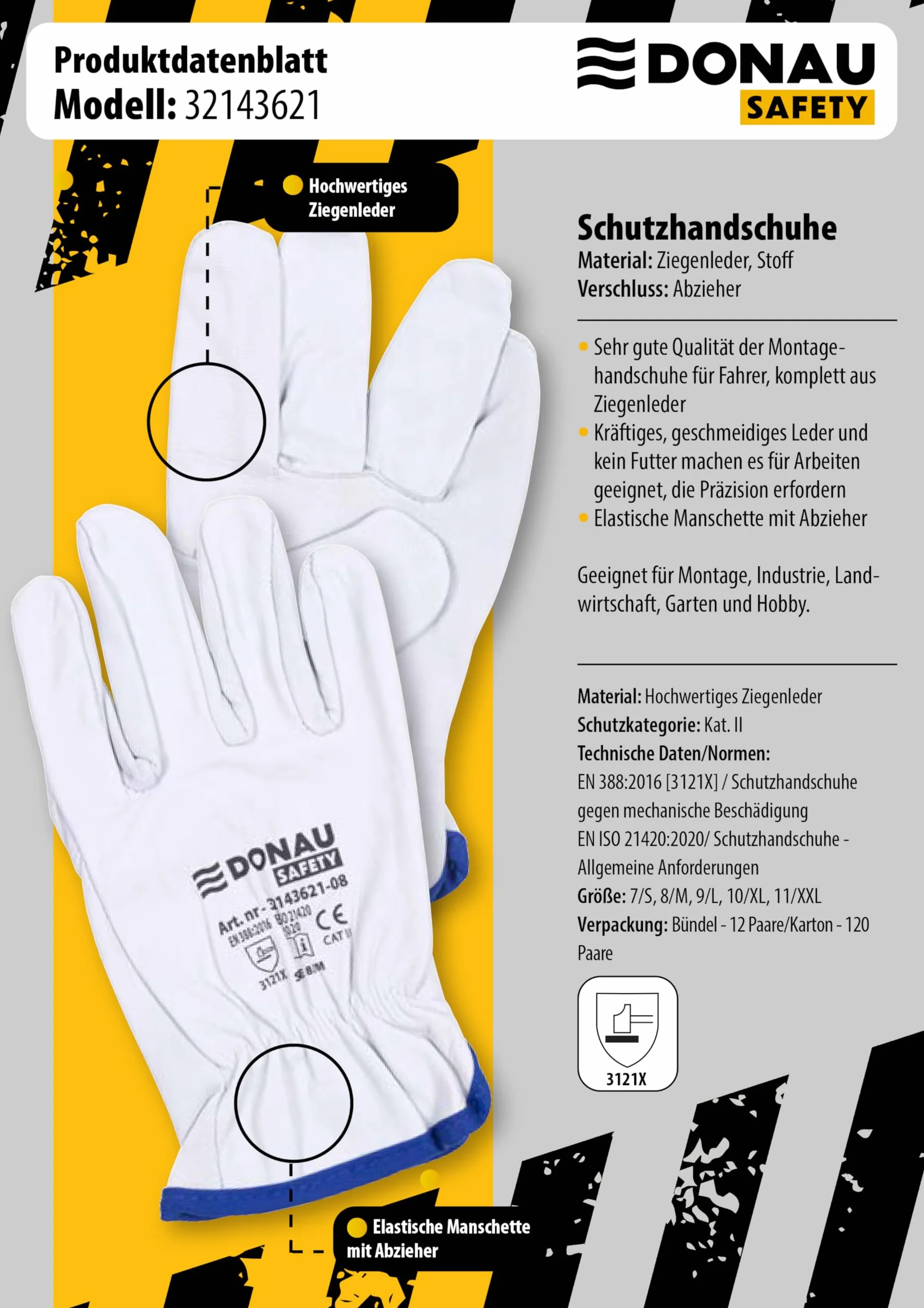 DONAU SAFETY Rękawice robocze Driver Premium ze skóry koziej / 1 para/rozmiar 8/M/białe/skórzane rękawiczki z elastycznym nadgarstkiem/rękawice montażowe/rękawice ochronne/rękawice kierowcy