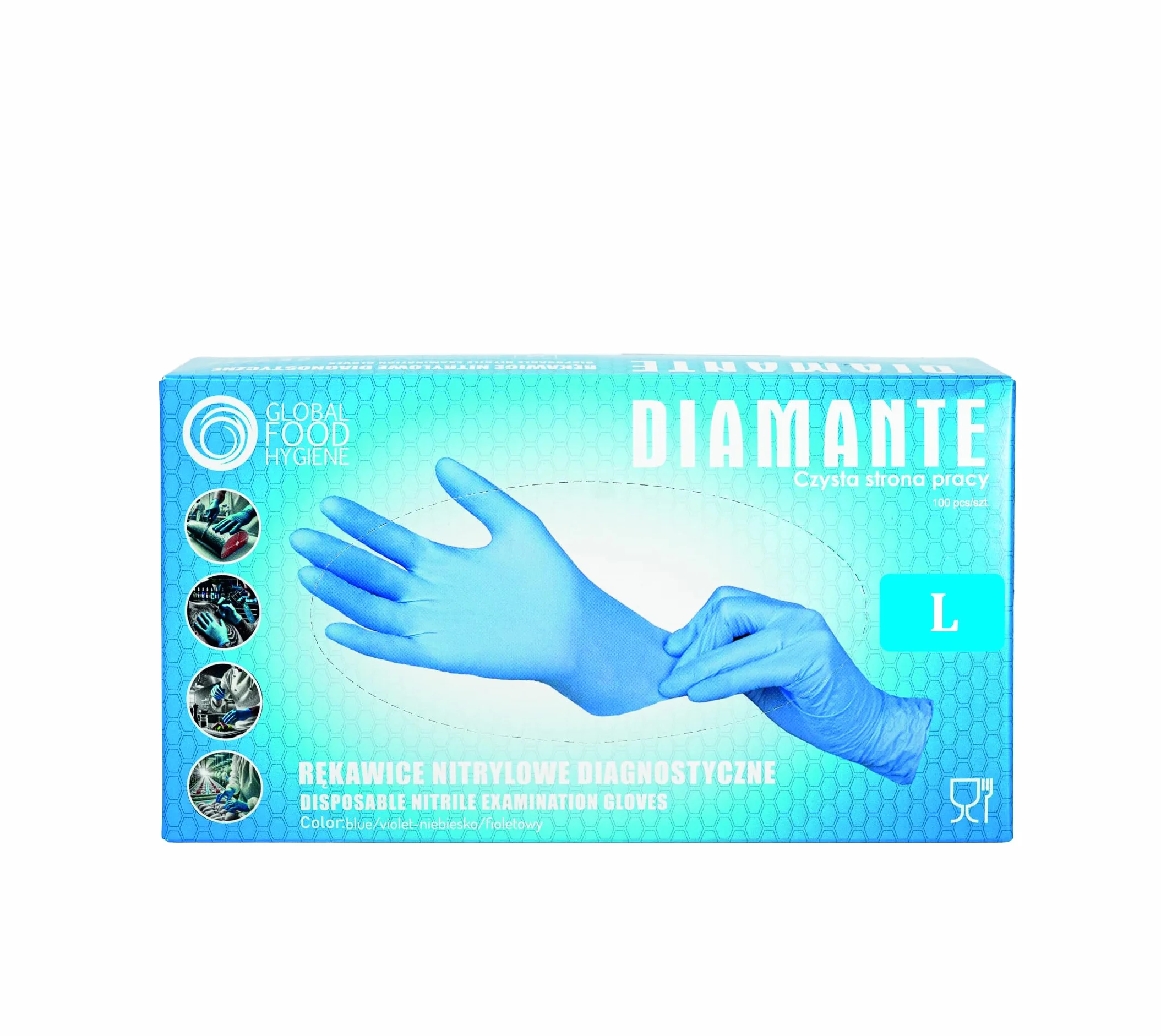 Diamante Rękawice Nitrylowe 100 szt, Jednorazowe, Bezpudrowe, AQL 1.5, do Tatuażu, Kosmetyczne, Fryzjerskie, Medyczne, Kontakt z Żywnością, Kat. III (100, Niebieski, L)