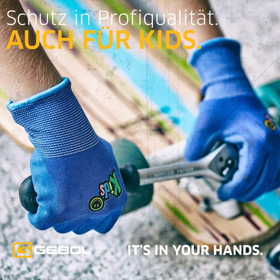 Gebol Kids 1 para rękawic ogrodowych dla dzieci w wieku 5-8 lat, oddychające rękawice robocze z powłoką nitrylową, wodoodporne i bezpieczne w dotyku, rozmiar XXS (5), niebieskie