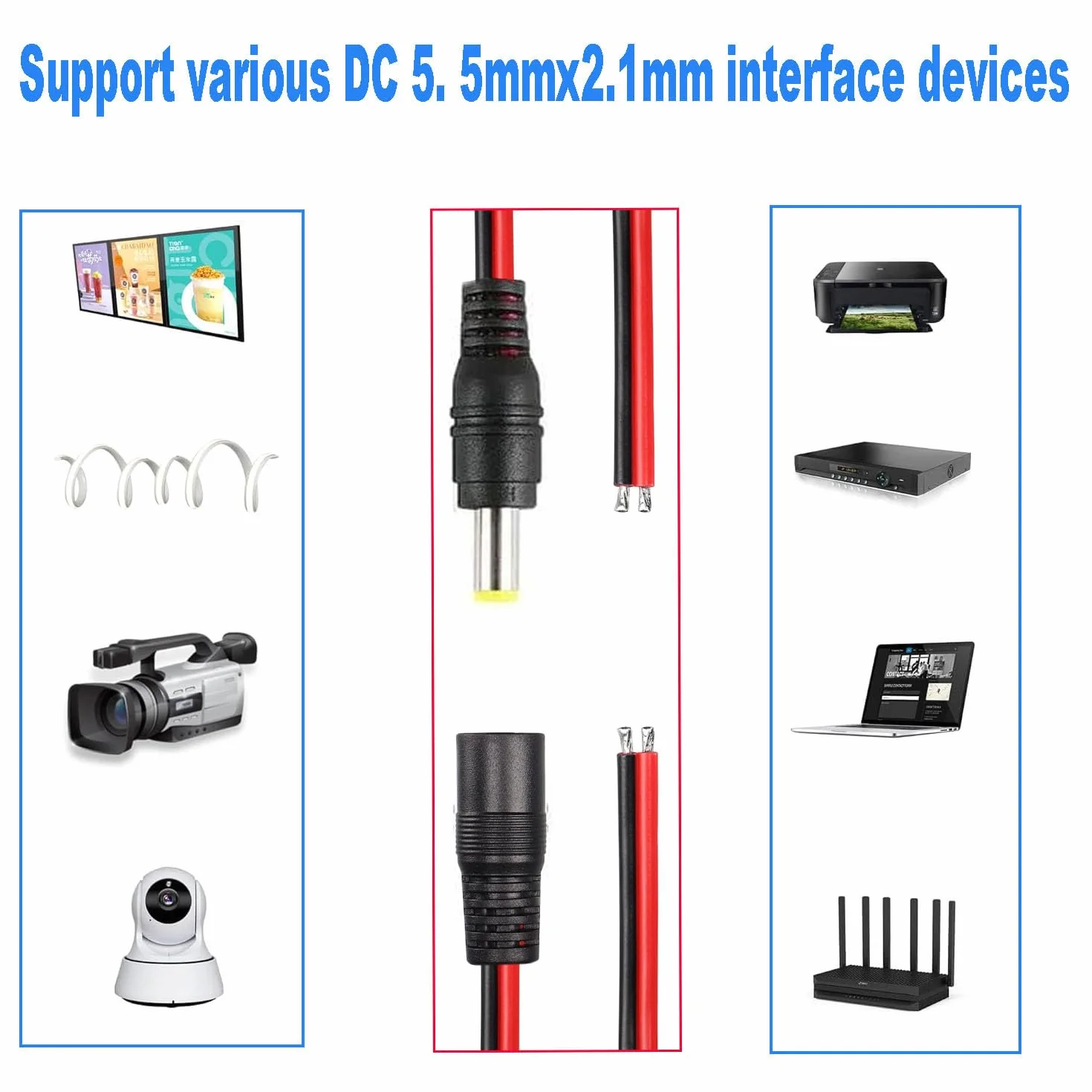 RUNCCI-YUN 10 Szt. 18 AWG 12 V 5 A 5,5 x 2,1 mm Męski Kabel Żeński Power Pigtail, Adapter Jack Plug, Złącze Niskonapięciowe Do Kamery Bezpieczeństwa CCTV