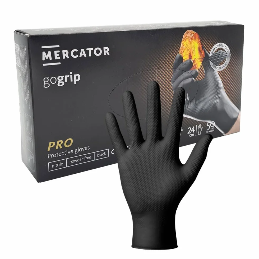 Mercator Jednorazowe rękawice ochronne Gogrip z nitrylu bezpudrowego, opakowanie 50 szt. - Rozmiar XL - BLACK