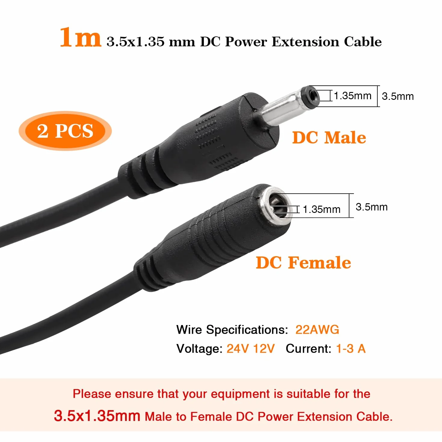 2 Sztuk 1m 22 AWG 3.5x1.35 mm 24V 12V Przedłużacz Zasilania DC, Przedłużacz z Wtyczką Męską do żEńSkiej DC, do Taśm LED, Kamer Monitorujących, Czarny